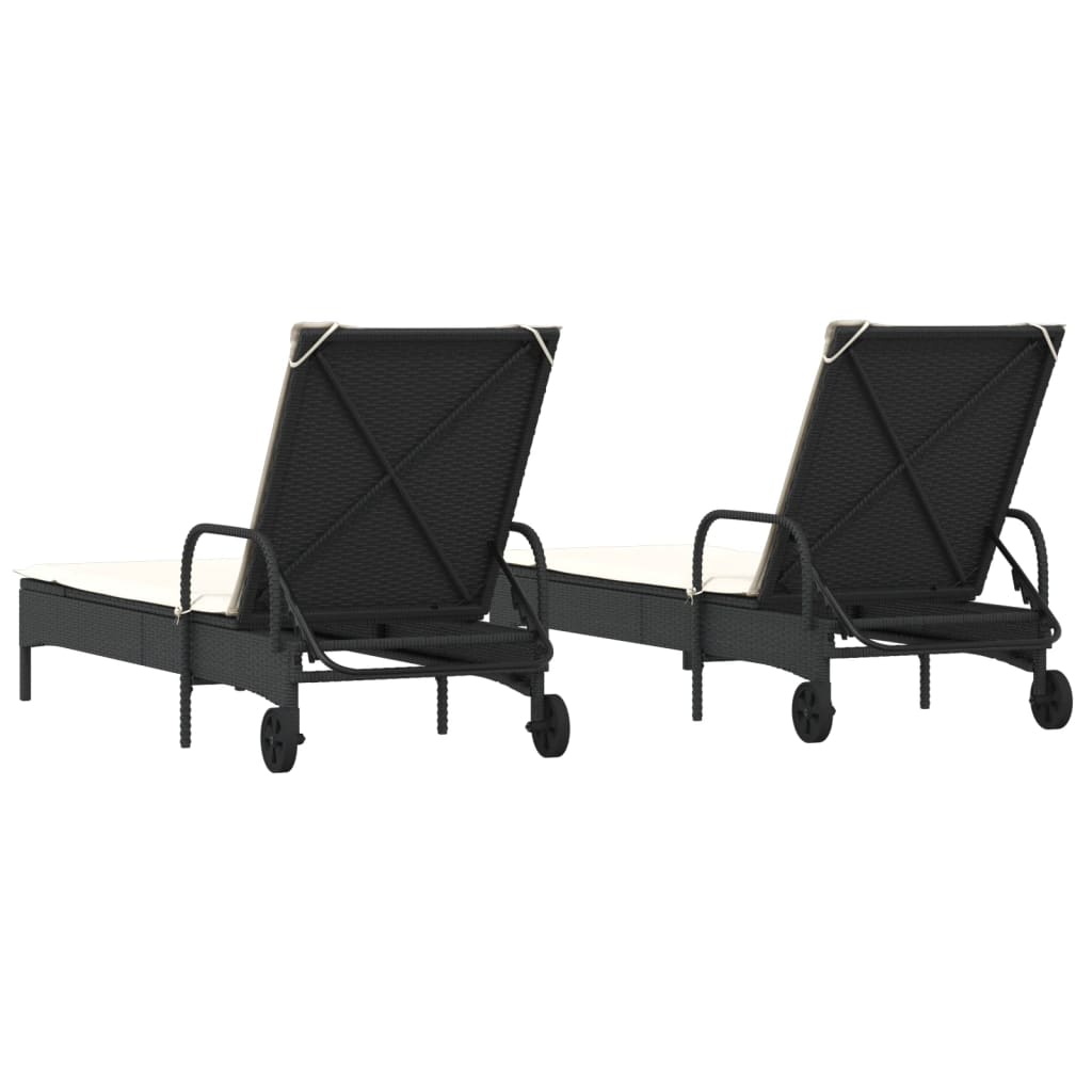 vidaXL Leżaki z poduszkami, 2 szt., czarne, polirattan