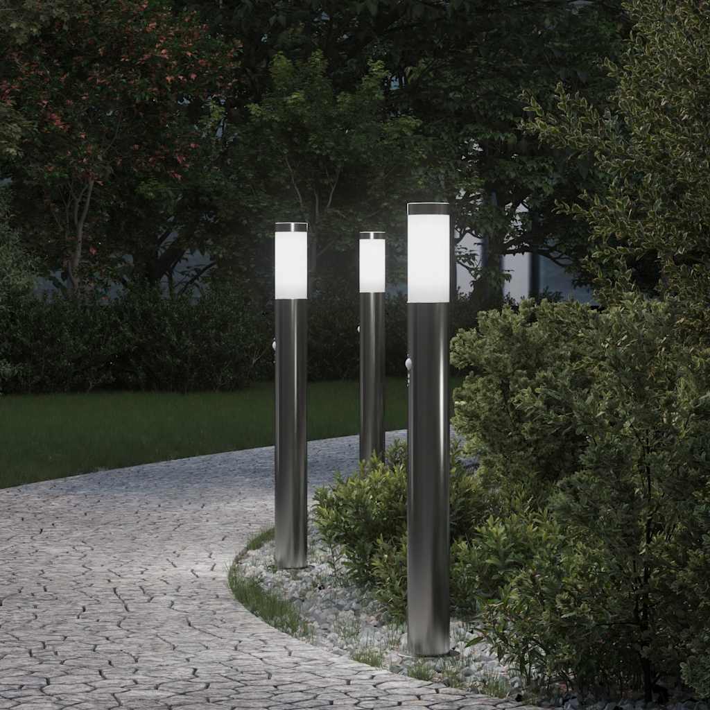 vidaXL Lampy słupkowe z czujnikiem, 3 szt., 80 cm, stal nierdzewna, IP44