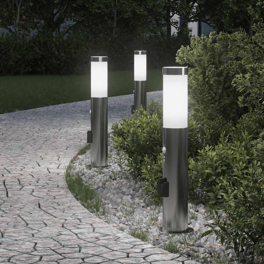 vidaXL Lampy słupkowe z czujnikiem i gniazdkiem, 3 szt., 50 cm, stal nierdzewna, IP44