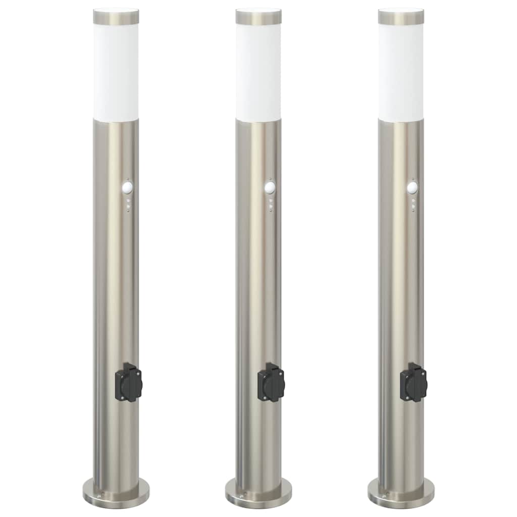 vidaXL Lampy słupkowe z czujnikiem i gniazdkiem, 3 szt., 80 cm, stal nierdzewna, IP44