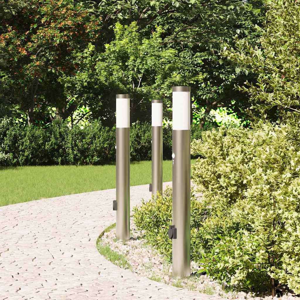 vidaXL Lampy słupkowe z czujnikiem i gniazdkiem, 3 szt., 80 cm, stal nierdzewna, IP44
