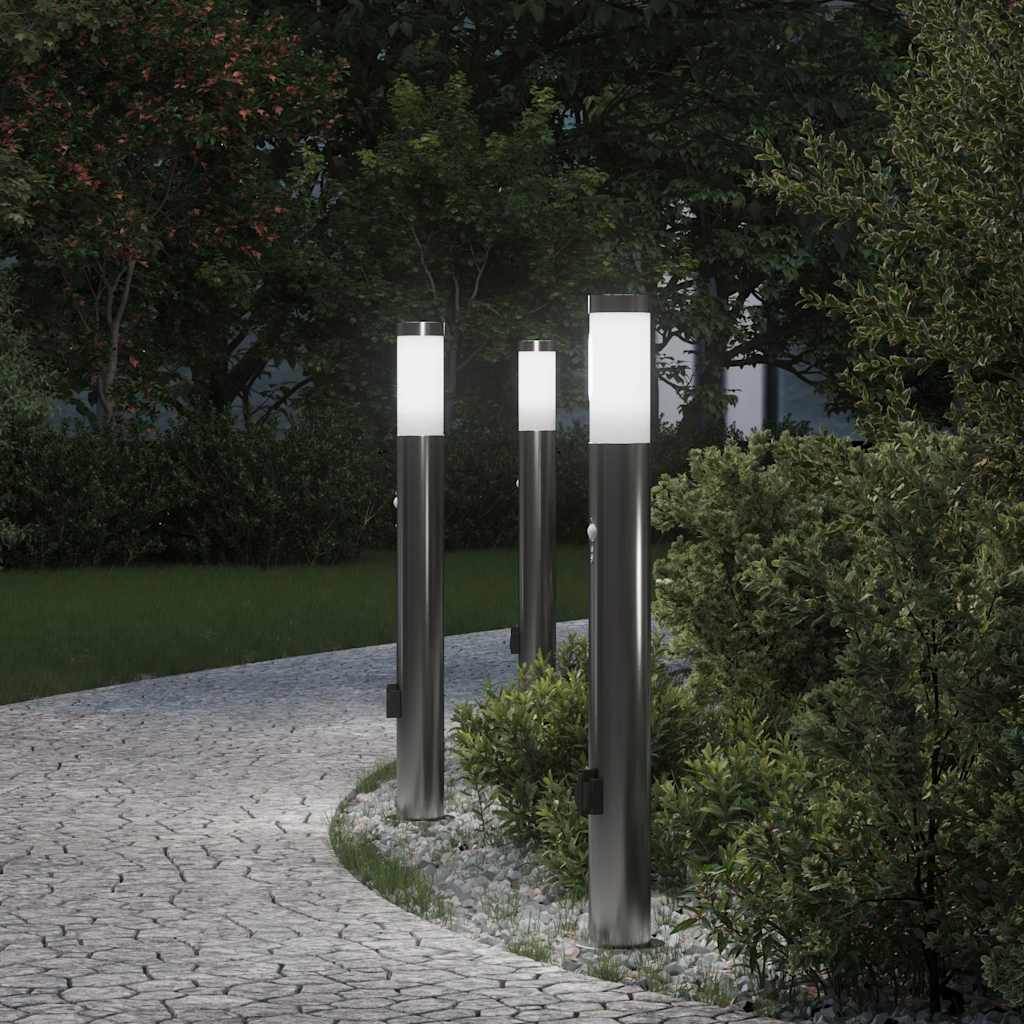 vidaXL Lampy słupkowe z czujnikiem i gniazdkiem, 3 szt., 80 cm, stal nierdzewna, IP44