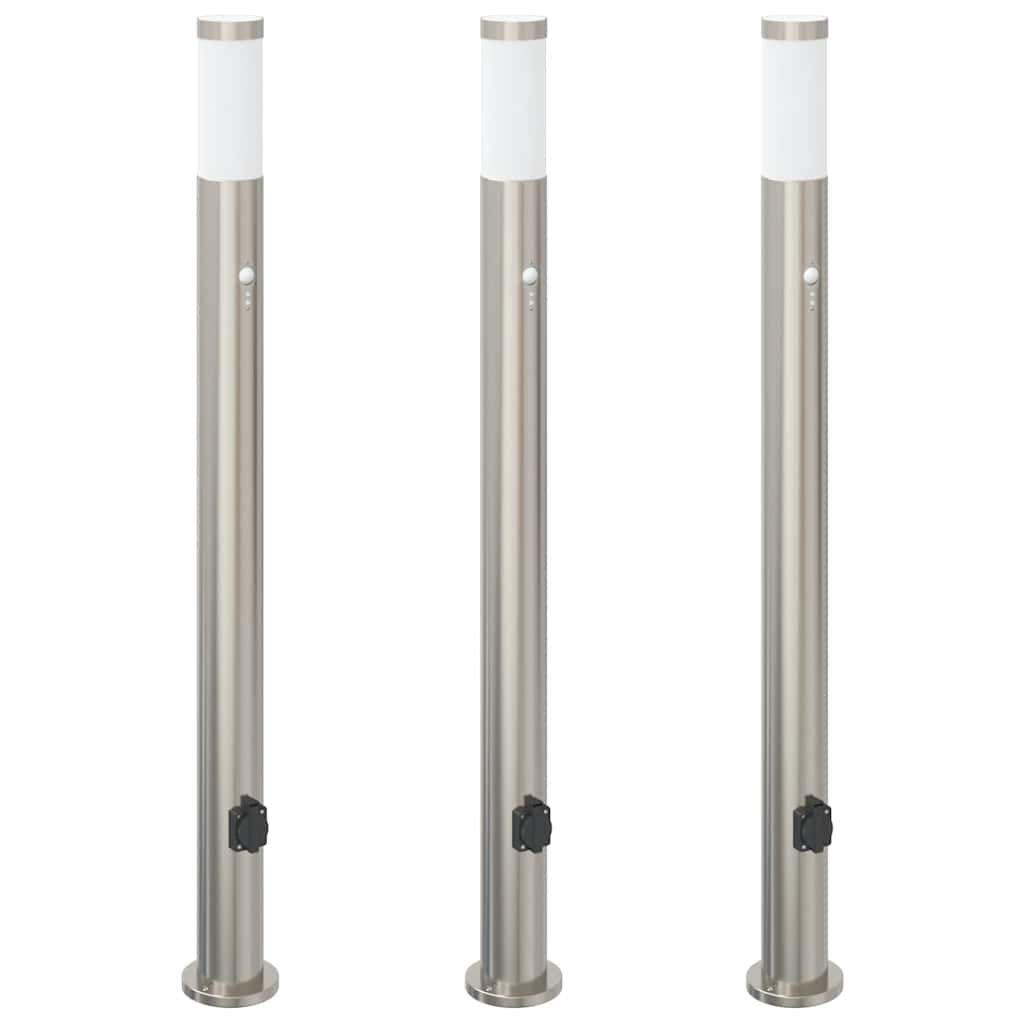 vidaXL Lampy słupkowe z czujnikiem i gniazdkiem, 3 szt., 110 cm, stal nierdzewna, IP44