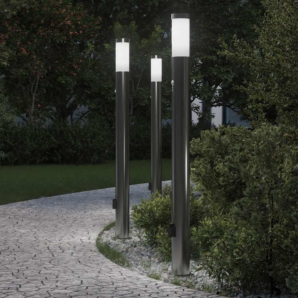 vidaXL Lampy słupkowe z czujnikiem i gniazdkiem, 3 szt., 110 cm, stal nierdzewna, IP44