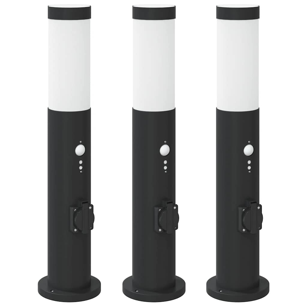 vidaXL Lampy słupkowe z czujnikiem i gniazdkiem, 3 szt., 50 cm, stal nierdzewna, IP44