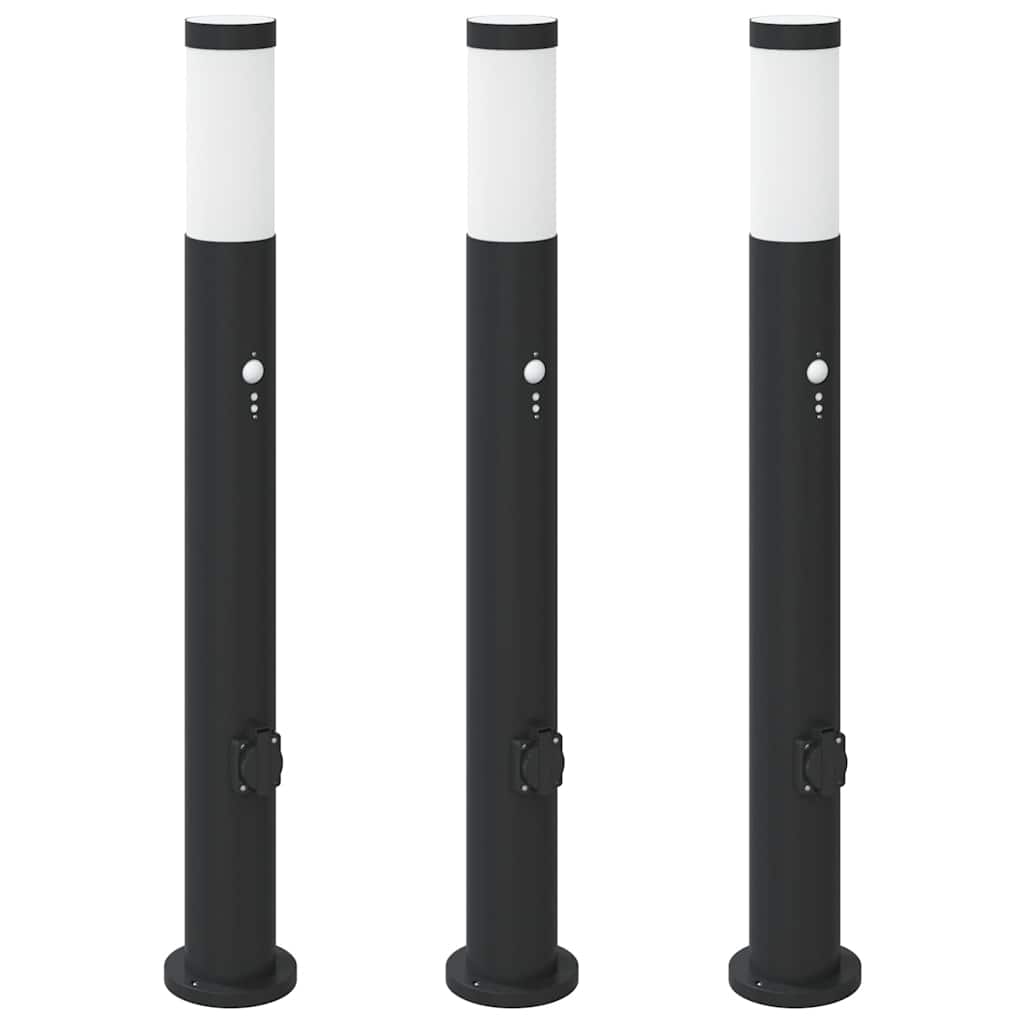 vidaXL Lampy słupkowe z czujnikiem i gniazdkiem, 3 szt., 80 cm, stal nierdzewna, IP44