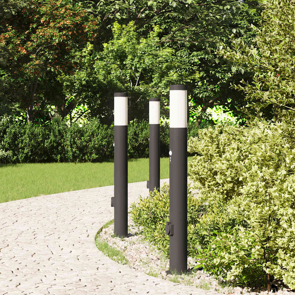 vidaXL Lampy słupkowe z czujnikiem i gniazdkiem, 3 szt., 80 cm, stal nierdzewna, IP44