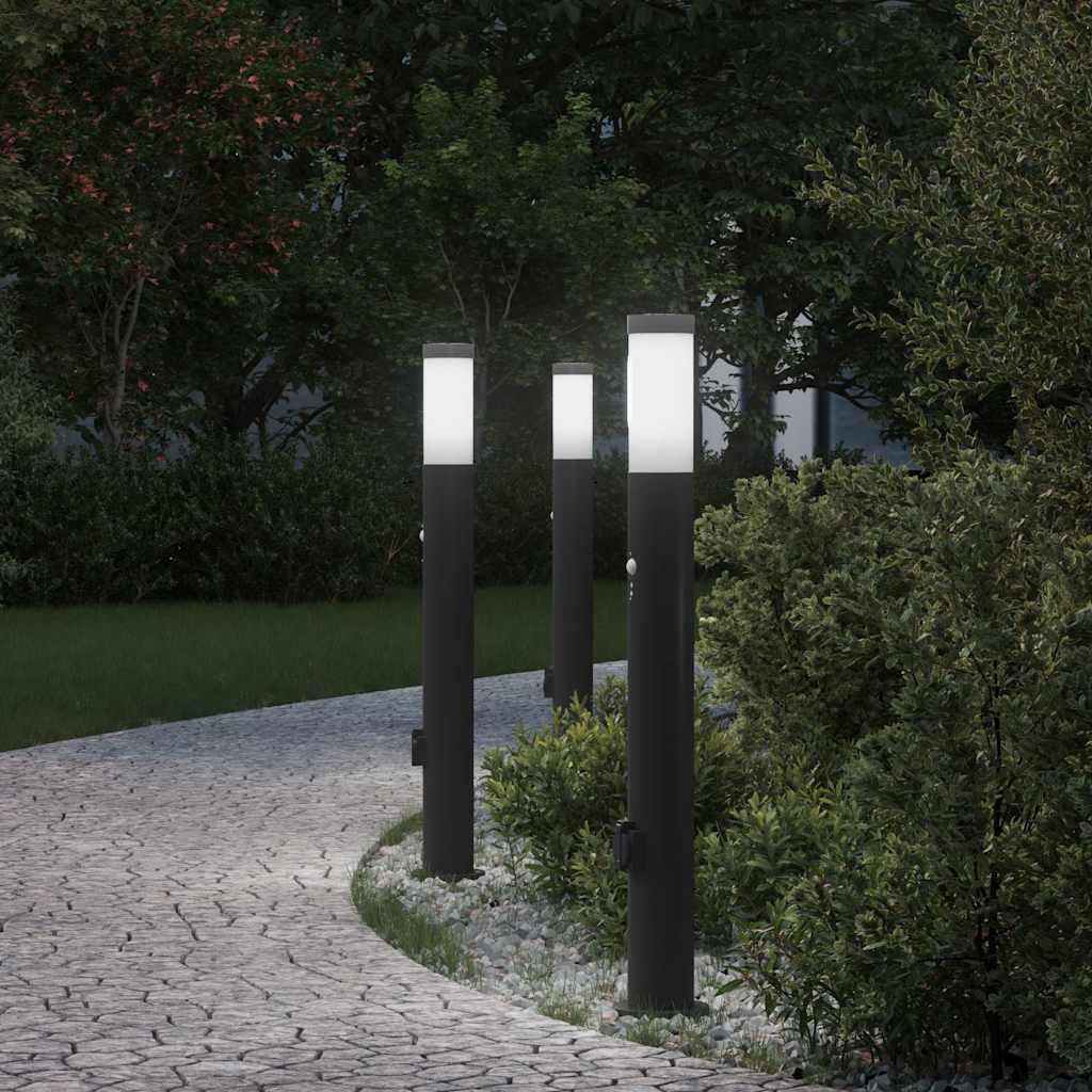 vidaXL Lampy słupkowe z czujnikiem i gniazdkiem, 3 szt., 80 cm, stal nierdzewna, IP44