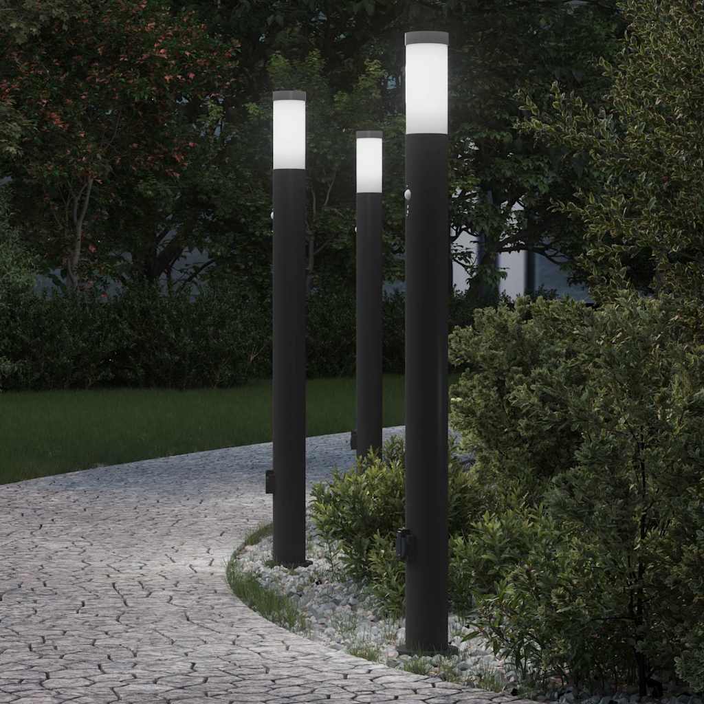vidaXL Lampy słupkowe z czujnikiem i gniazdkiem, 3 szt., 110 cm, stal nierdzewna, IP44