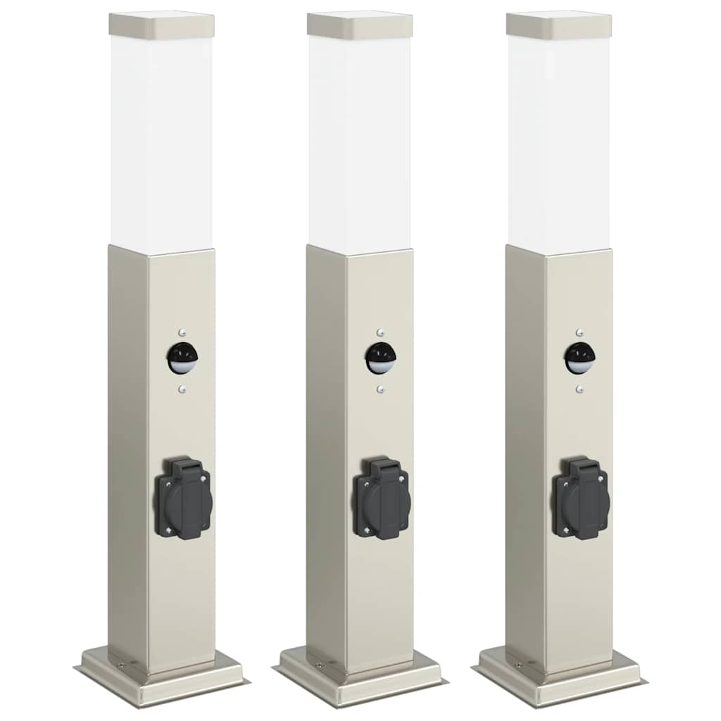 vidaXL Lampy słupkowe z czujnikiem i gniazdkiem 3 szt. 50 cm Stal nierdzewna IP44