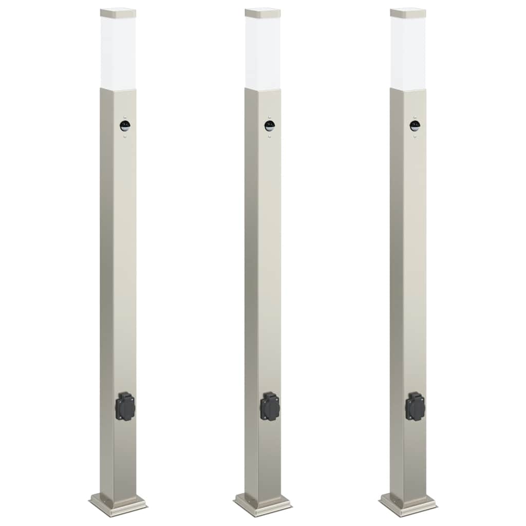 vidaXL Lampy słupkowe z czujnikiem i gniazdkiem 3 szt. 110 cm Stal nierdzewna IP44