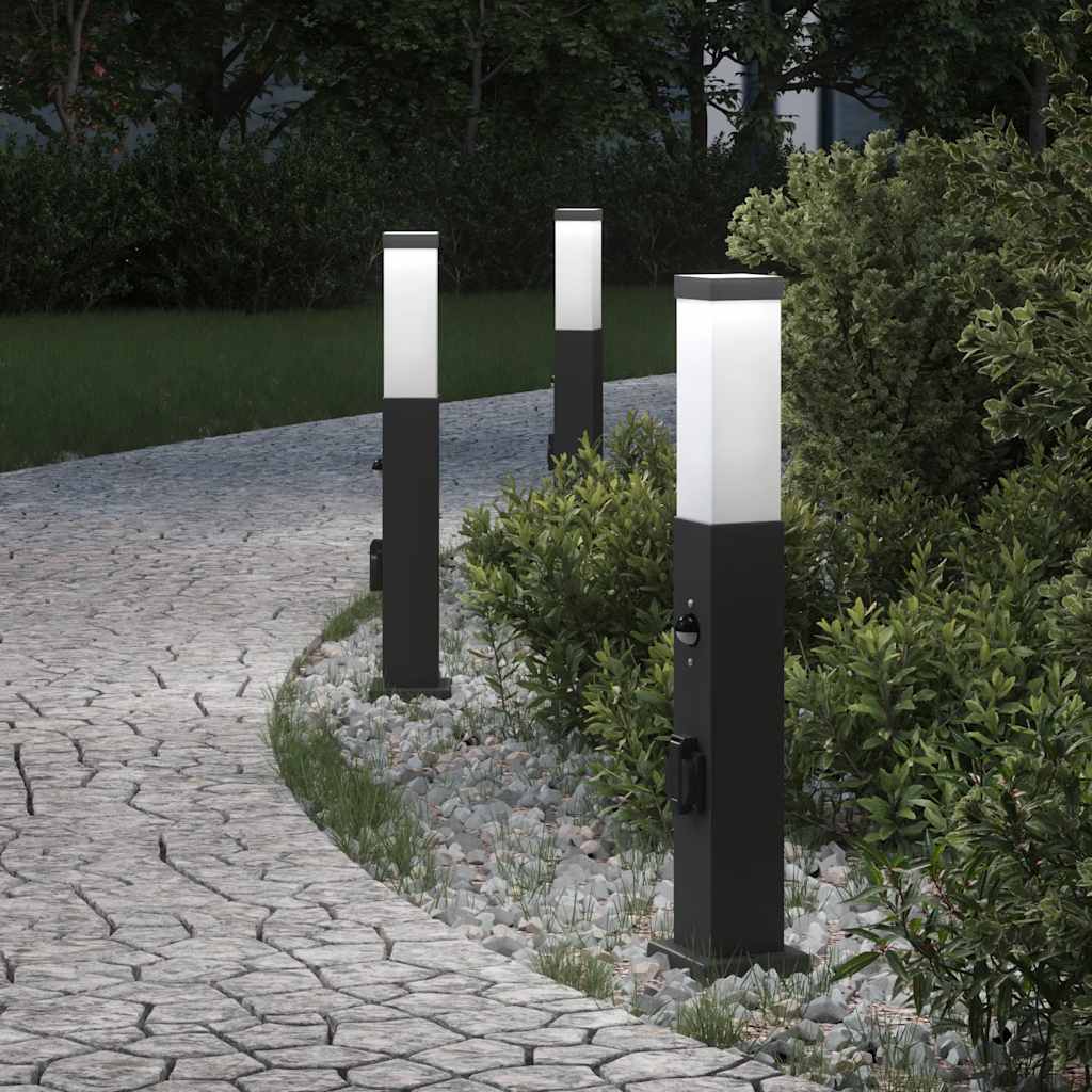 vidaXL Lampy słupkowe z czujnikiem i gniazdkiem 3 szt. 50 cm, czarne, IP44