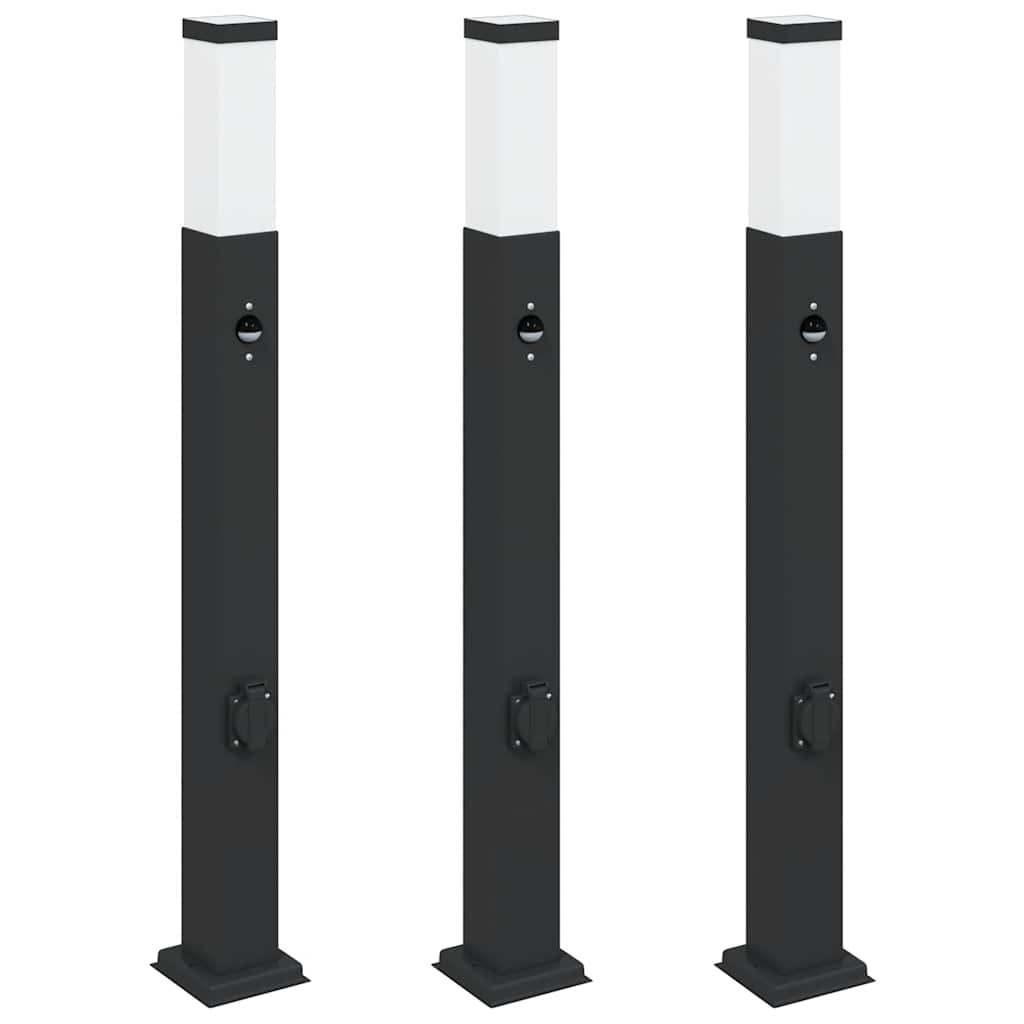 vidaXL Lampy słupkowe z czujnikiem i gniazdkiem 3 szt. 80 cm, czarne, IP44