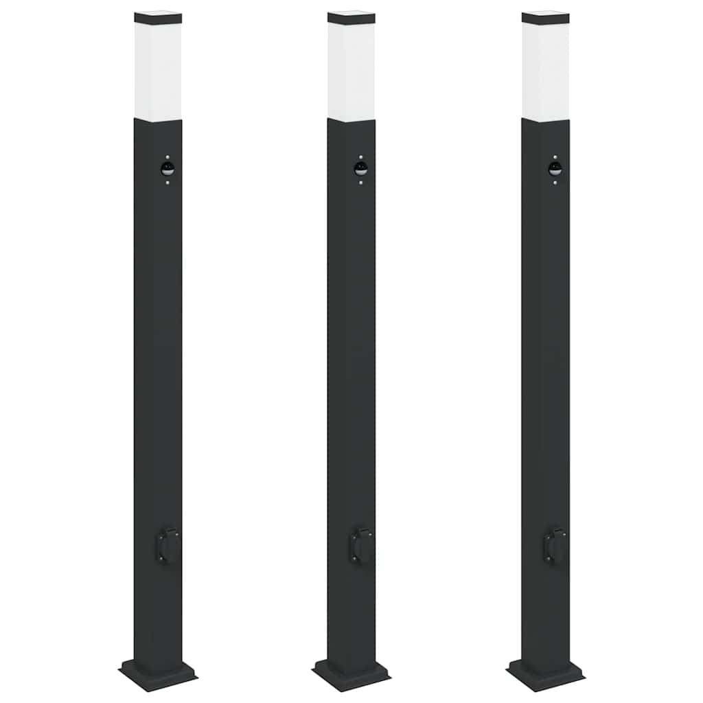 vidaXL Lampy słupkowe z czujnikiem i gniazdkiem 3 szt. 110 cm, czarne, IP44