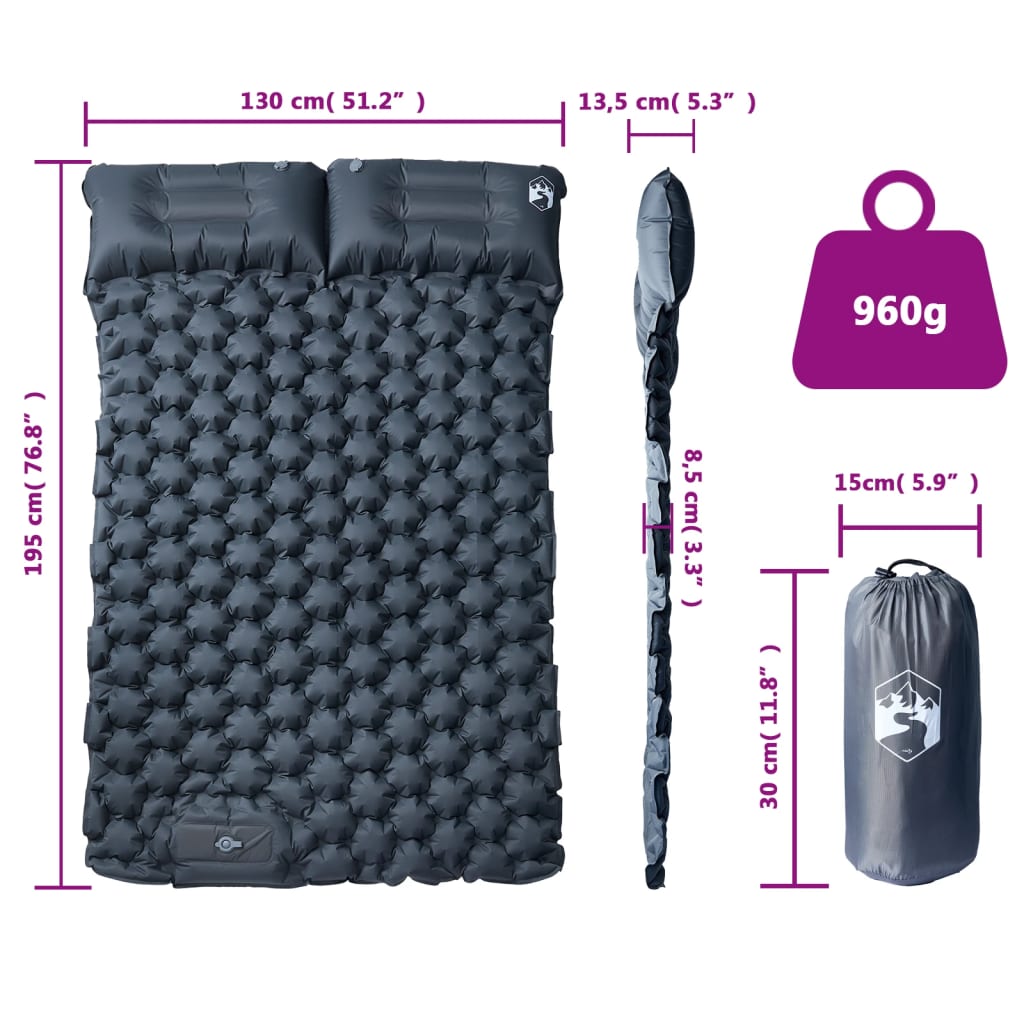 vidaXL Materac samopompujący z poduszkami, 2-osobowy, szary