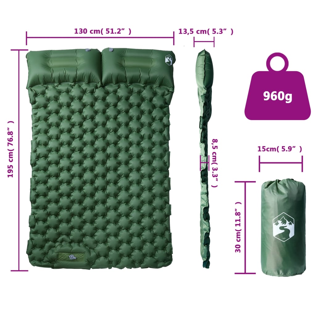 vidaXL Materac samopompujący z poduszkami, 2-osobowy, zielony