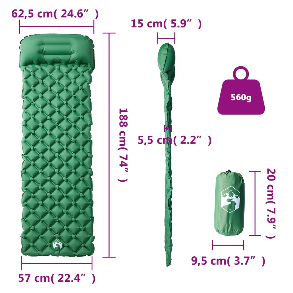 vidaXL Materac kempingowy z poduszką, 1-osobowy, zielony