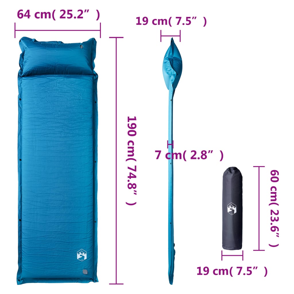 vidaXL Materac samopompujący z poduszką, 1-osobowy, turkusowy