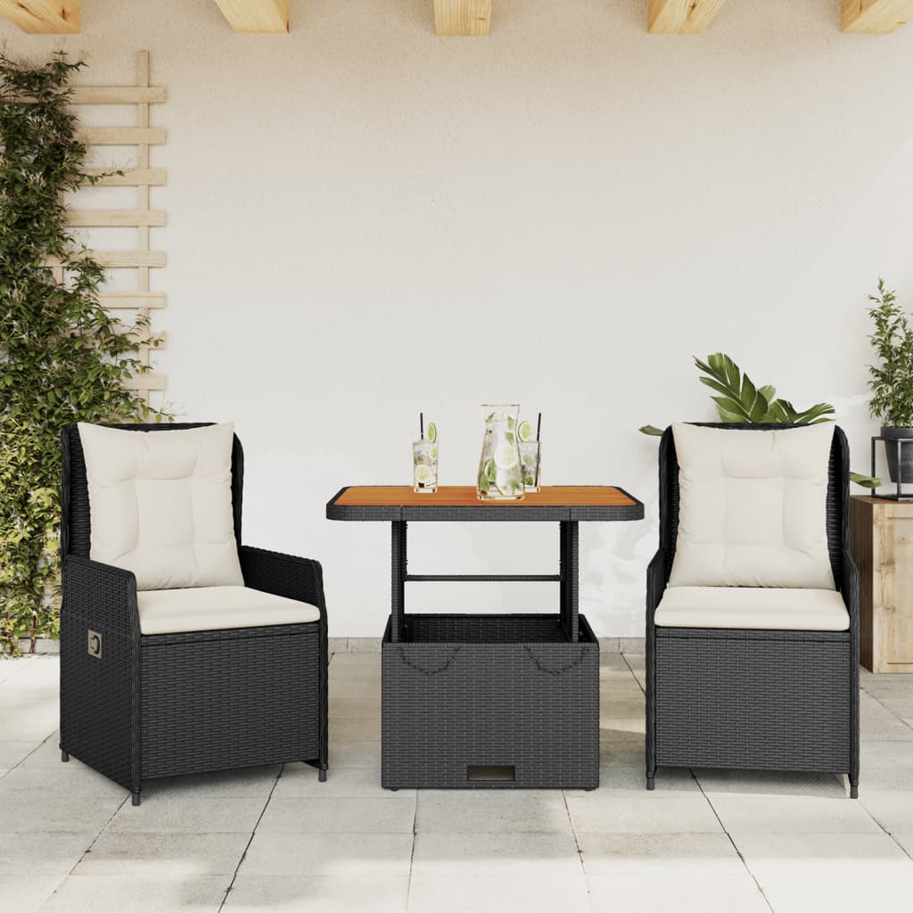 vidaXL 3-cz. zestaw mebli bistro z poduszkami, czarny, polirattan
