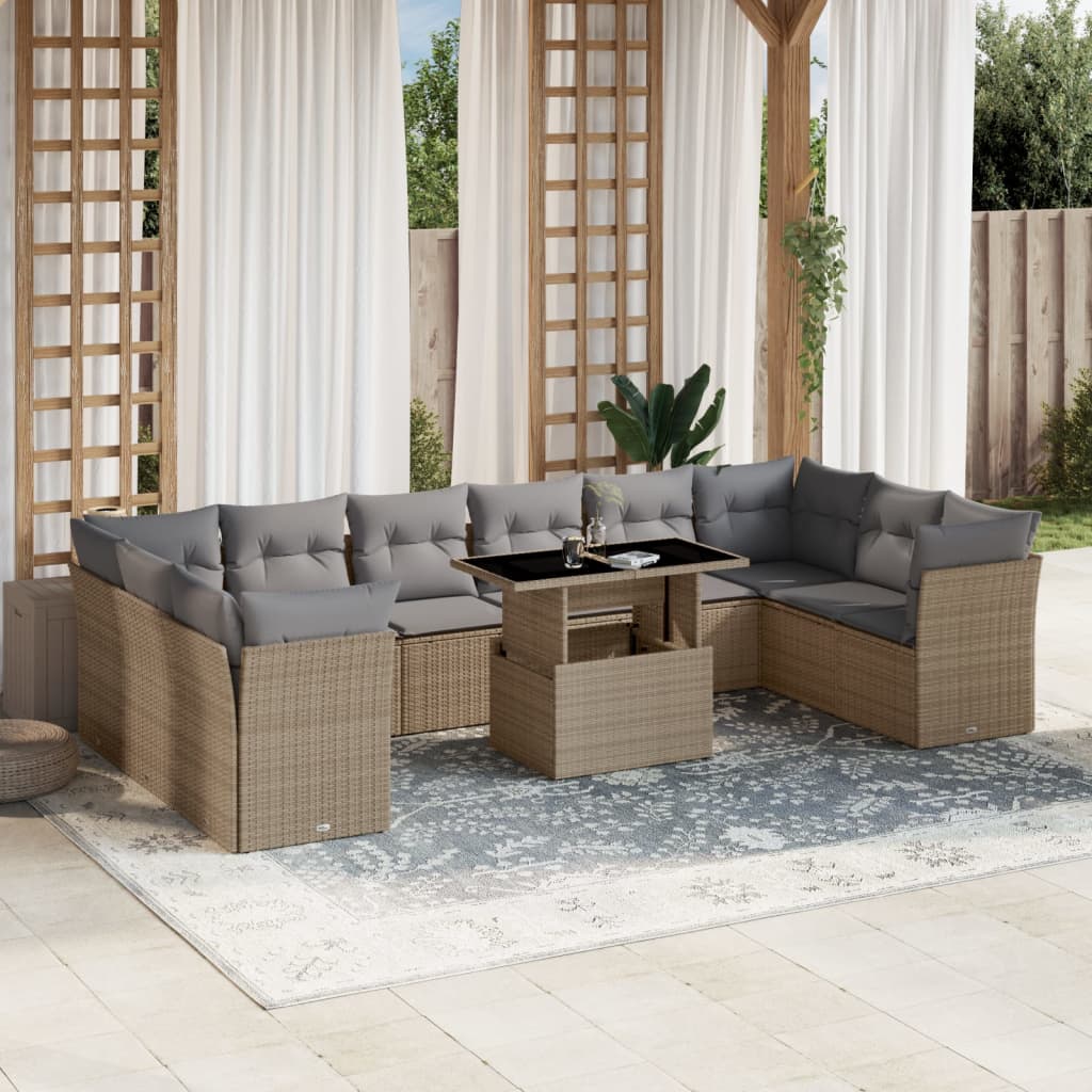 vidaXL 11-cz. zestaw mebli ogrodowych z poduszkami, beżowy, polirattan