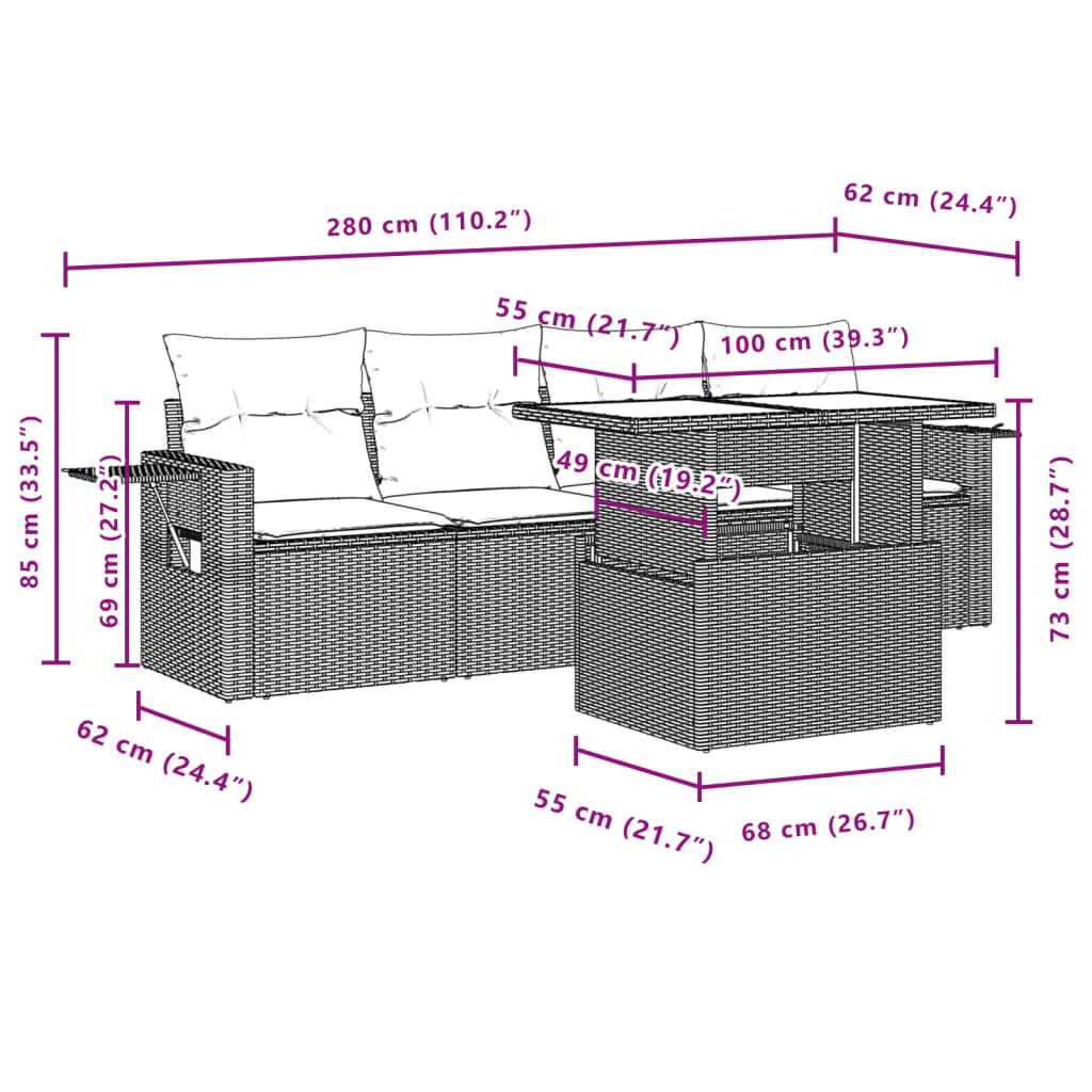 vidaXL 5-cz. zestaw mebli ogrodowych z poduszkami, brązowy, polirattan