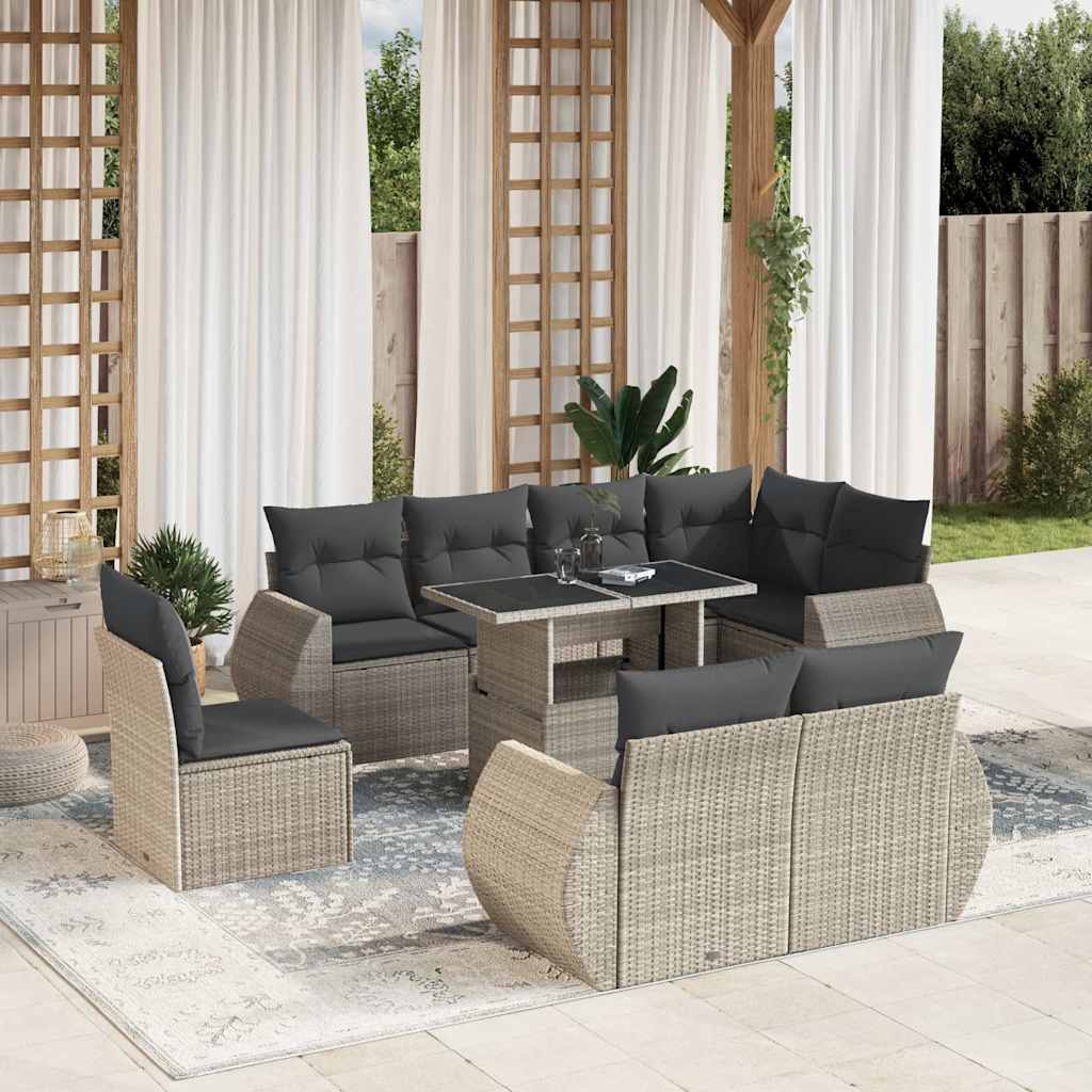 vidaXL 9-cz. zestaw mebli ogrodowych, poduszki, jasnoszary polirattan