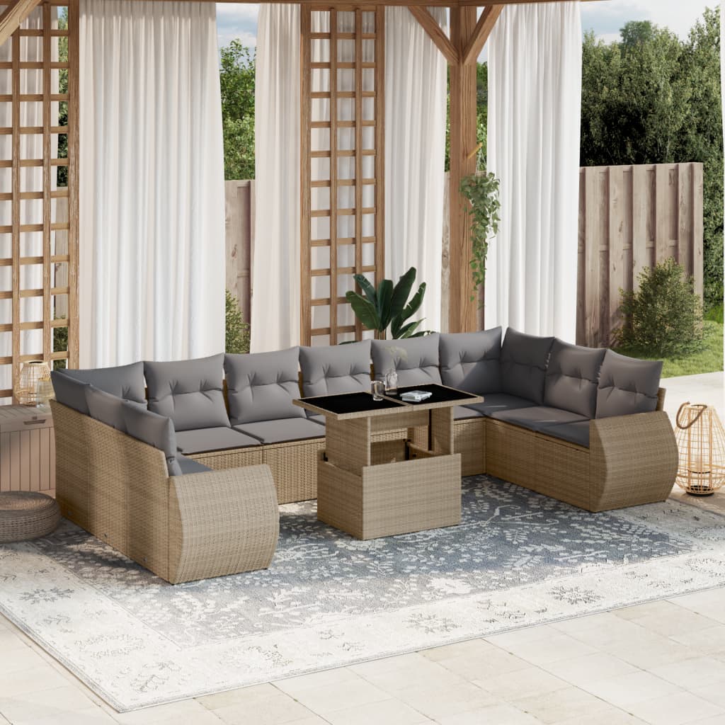 vidaXL 11-cz. zestaw mebli ogrodowych z poduszkami, beżowy, polirattan