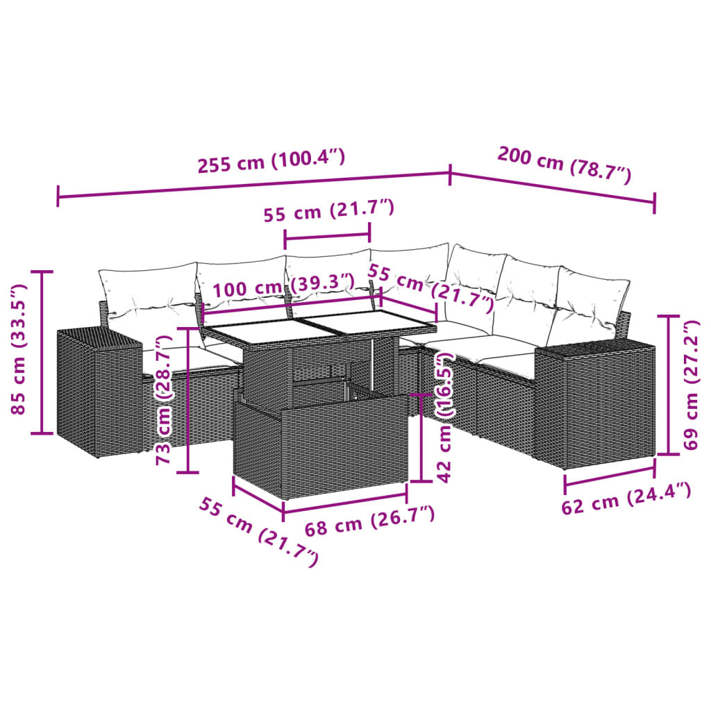 vidaXL 7-cz. zestaw wypoczynkowy do ogrodu, z poduszkami, beżowy