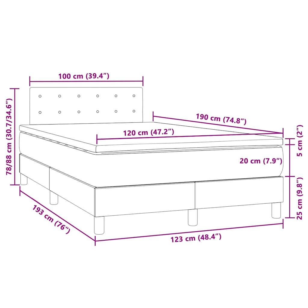 vidaXL Łóżko kontynentalne z materacem i LED, szare, 120x190 cm