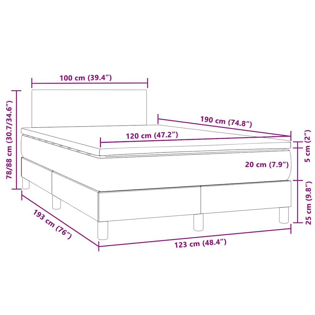 vidaXL Łóżko kontynentalne z materacem i LED, ciemnoszare, 120x190 cm