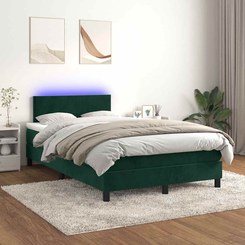 vidaXL Łóżko kontynentalne z materacem i LED, ciemna zieleń, 120x190cm