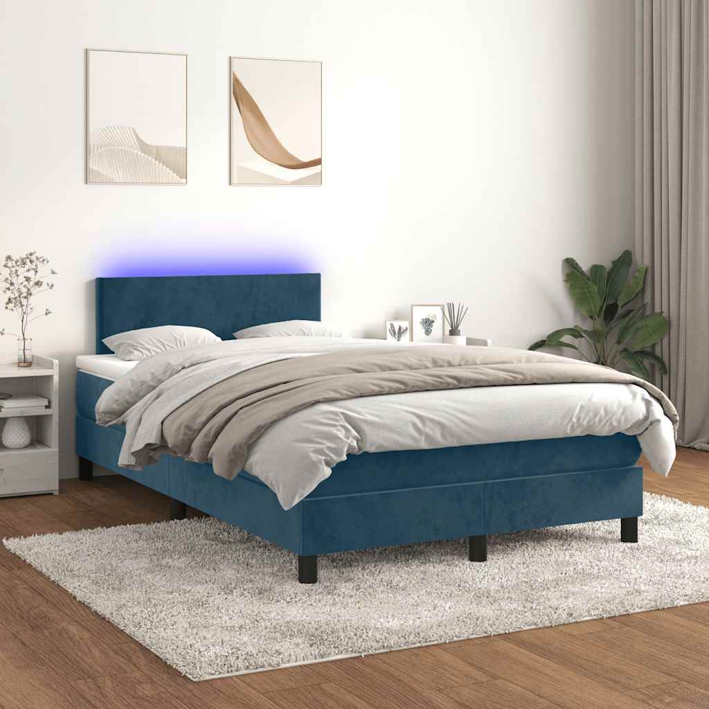 vidaXL Łóżko kontynentalne z materacem i LED, granatowe, 120x190 cm