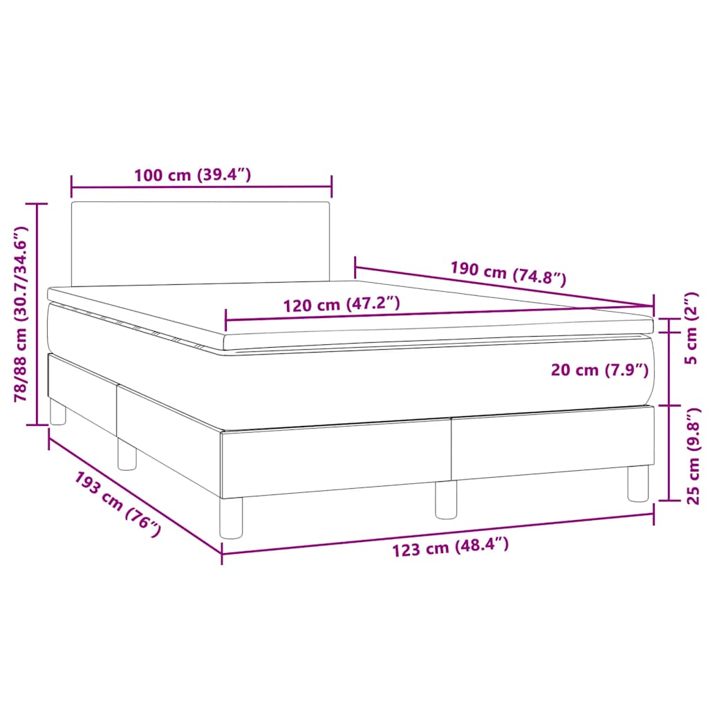 vidaXL Łóżko kontynentalne z materacem i LED, granatowe, 120x190 cm