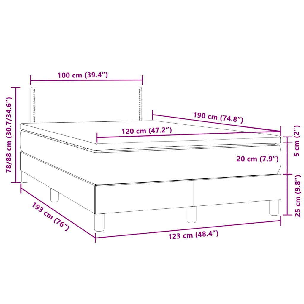 vidaXL Łóżko kontynentalne z materacem i LED, jasnoszare, 120x190 cm