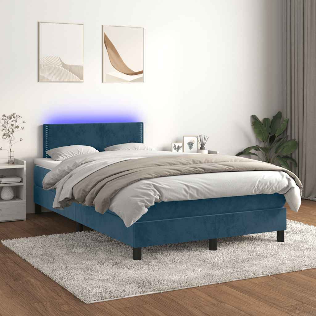 vidaXL Łóżko kontynentalne z materacem i LED, granatowe, 120x190 cm