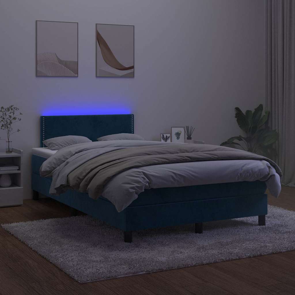 vidaXL Łóżko kontynentalne z materacem i LED, granatowe, 120x190 cm