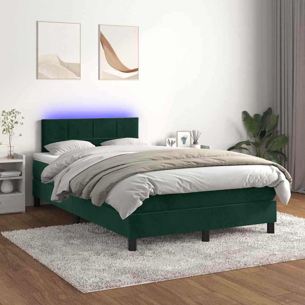 vidaXL Łóżko kontynentalne z materacem i LED, ciemna zieleń, 120x190cm
