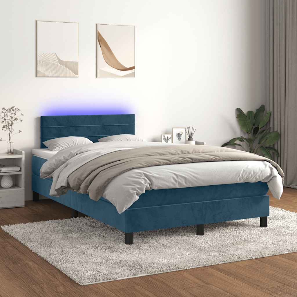 vidaXL Łóżko kontynentalne z materacem i LED, granatowe, 120x190 cm