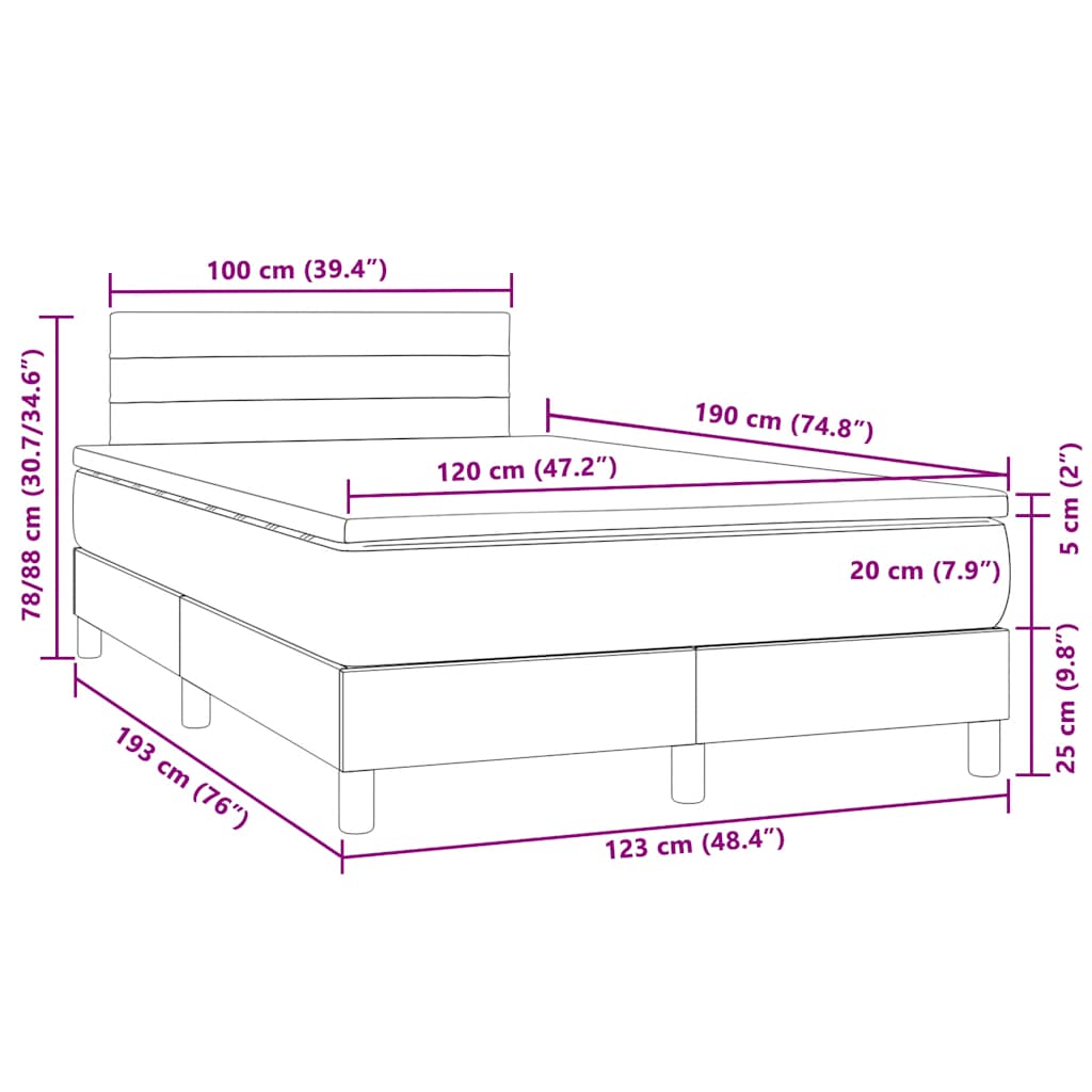 vidaXL Łóżko kontynentalne z materacem i LED, granatowe, 120x190 cm