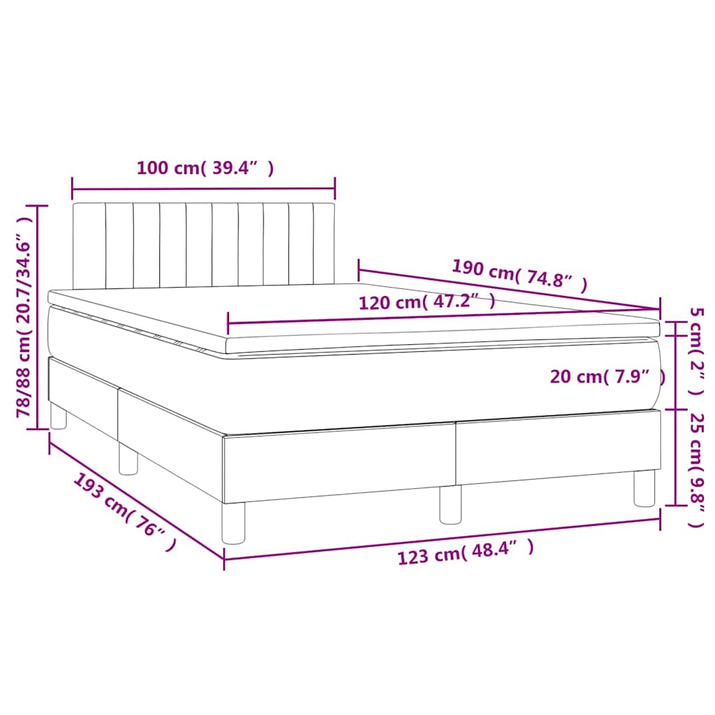 vidaXL Łóżko kontynentalne z materacem i LED, jasnoszare, 120x190 cm