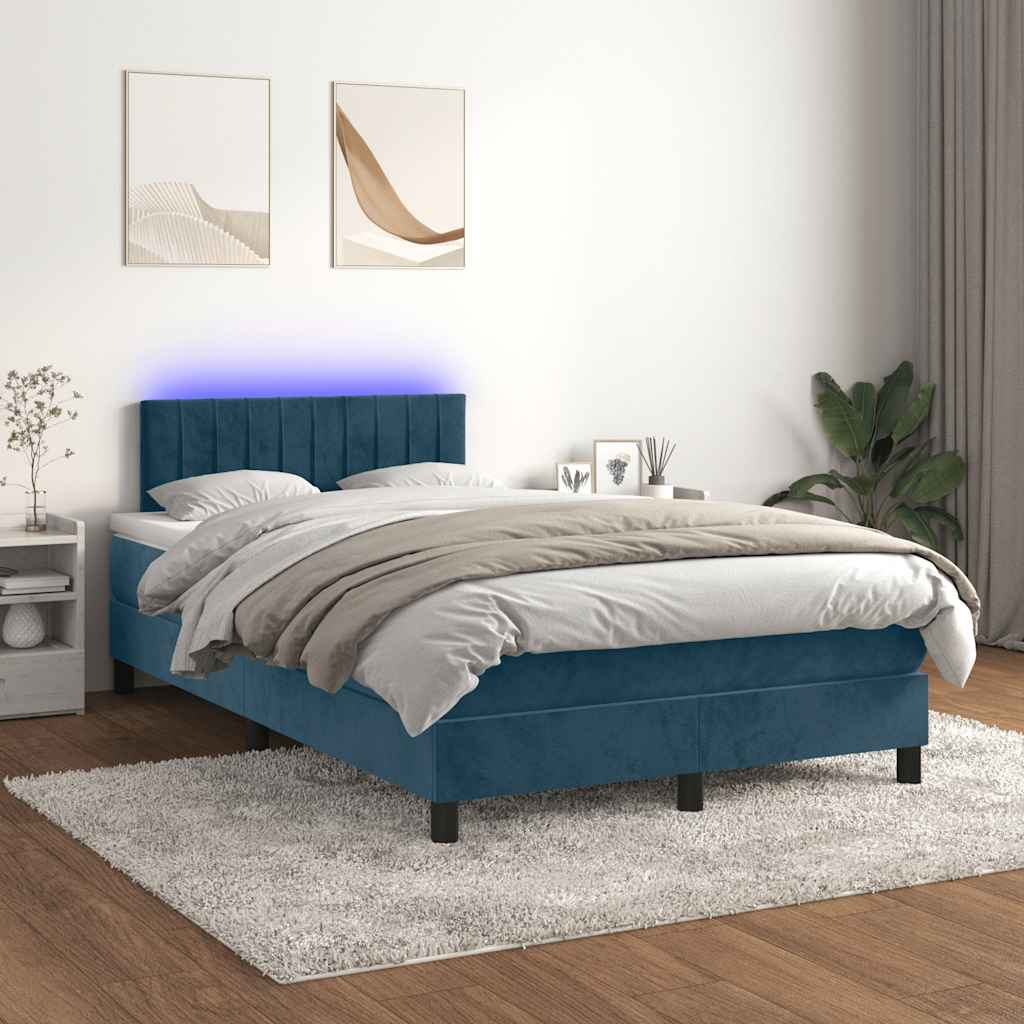 vidaXL Łóżko kontynentalne z materacem i LED, granatowe, 120x190 cm