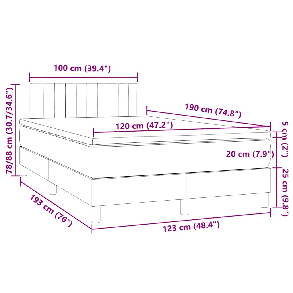 vidaXL Łóżko kontynentalne z materacem i LED, granatowe, 120x190 cm