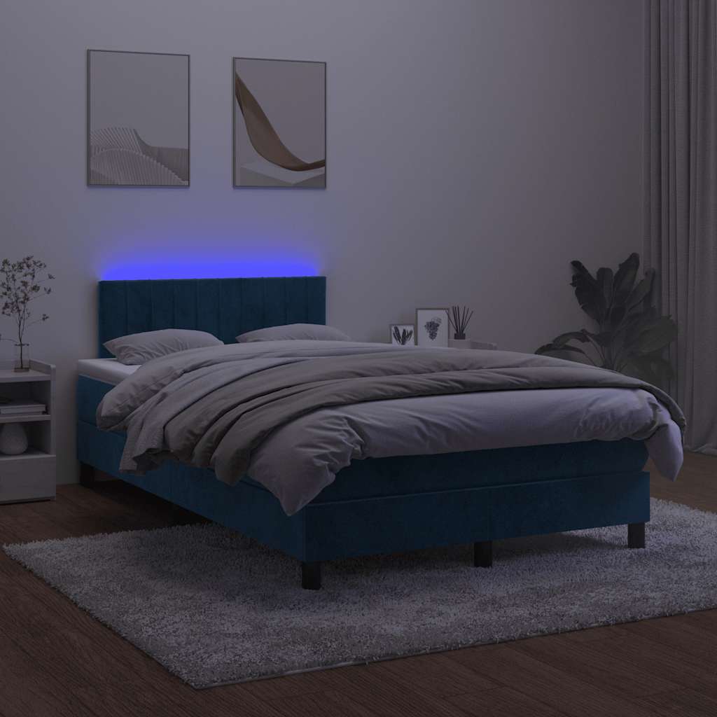 vidaXL Łóżko kontynentalne z materacem i LED, granatowe, 120x190 cm