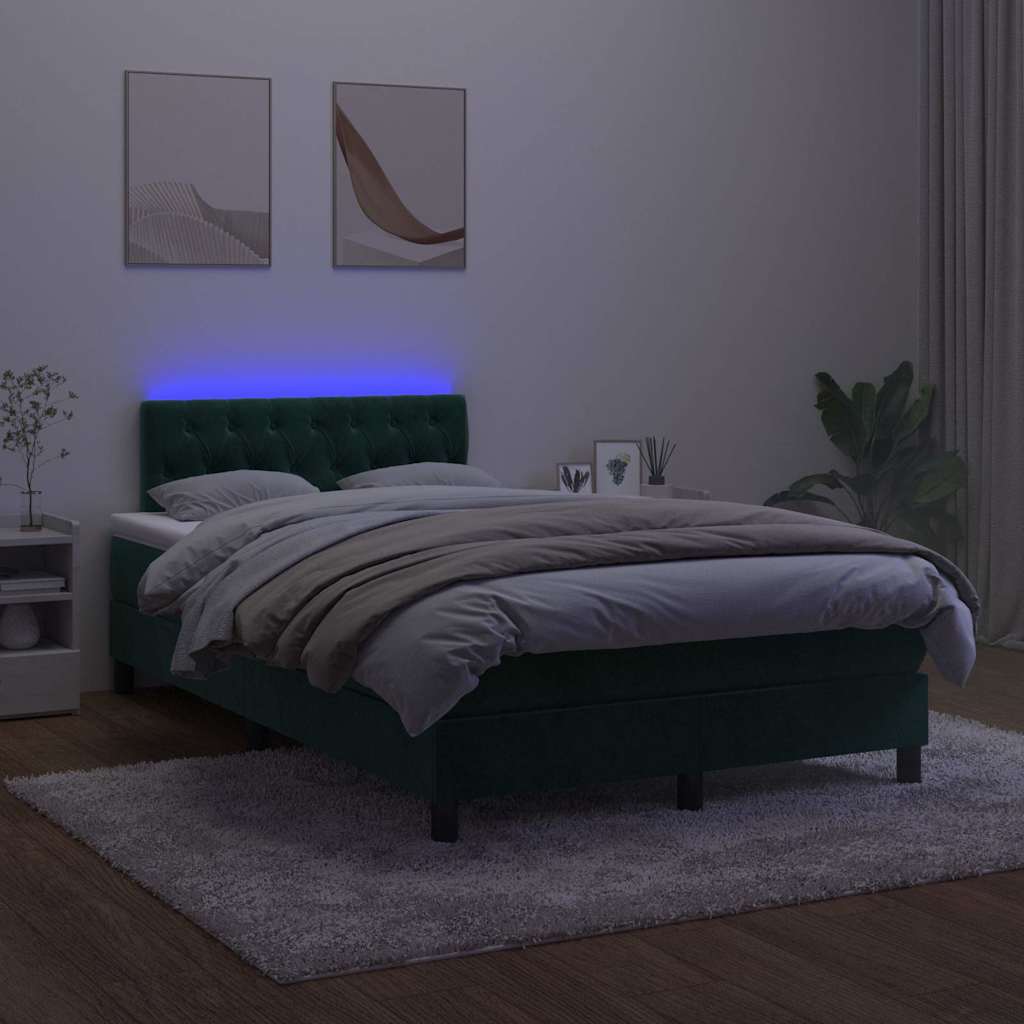 vidaXL Łóżko kontynentalne z materacem i LED, ciemnozielone, 120x190cm