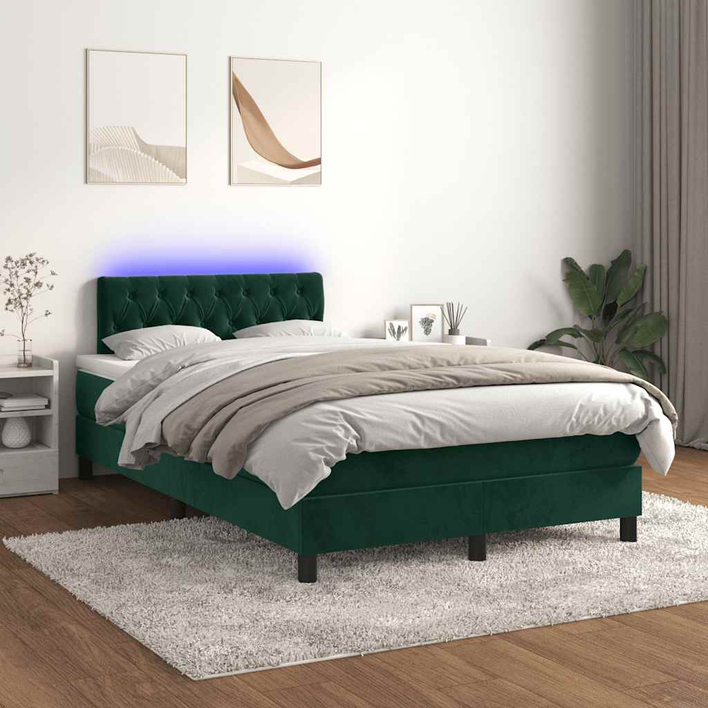 vidaXL Łóżko kontynentalne z materacem i LED, ciemnozielone, 120x190cm