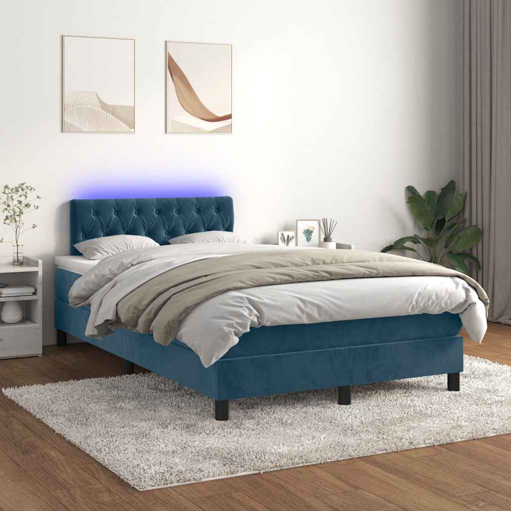 vidaXL Łóżko kontynentalne z materacem i LED, granatowe, 120x190 cm