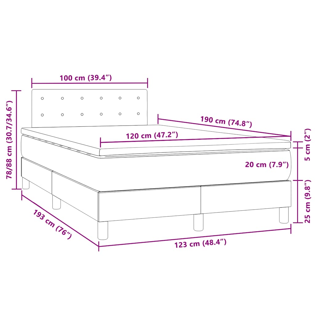 vidaXL Łóżko kontynentalne z materacem i LED, ciemnoszare, 120x190 cm