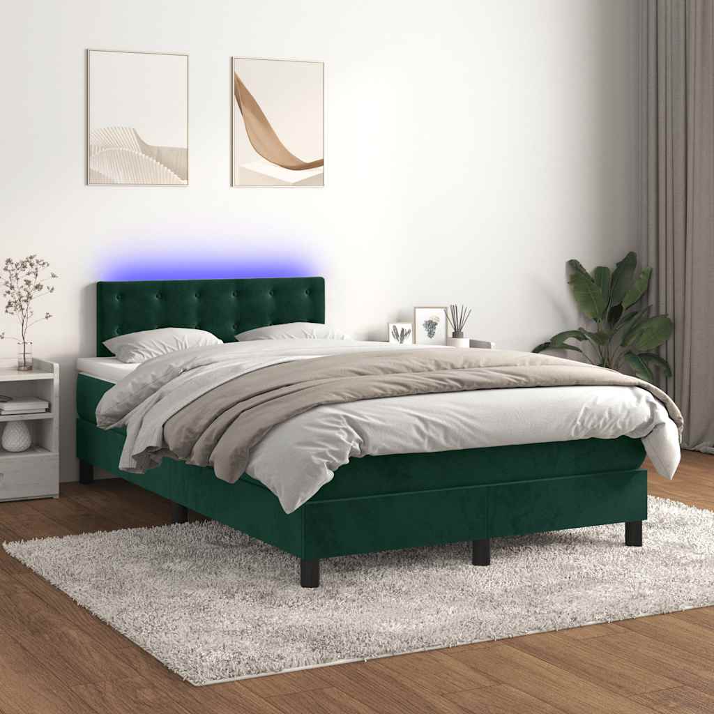 vidaXL Łóżko kontynentalne z materacem i LED, ciemnozielone, 120x190cm