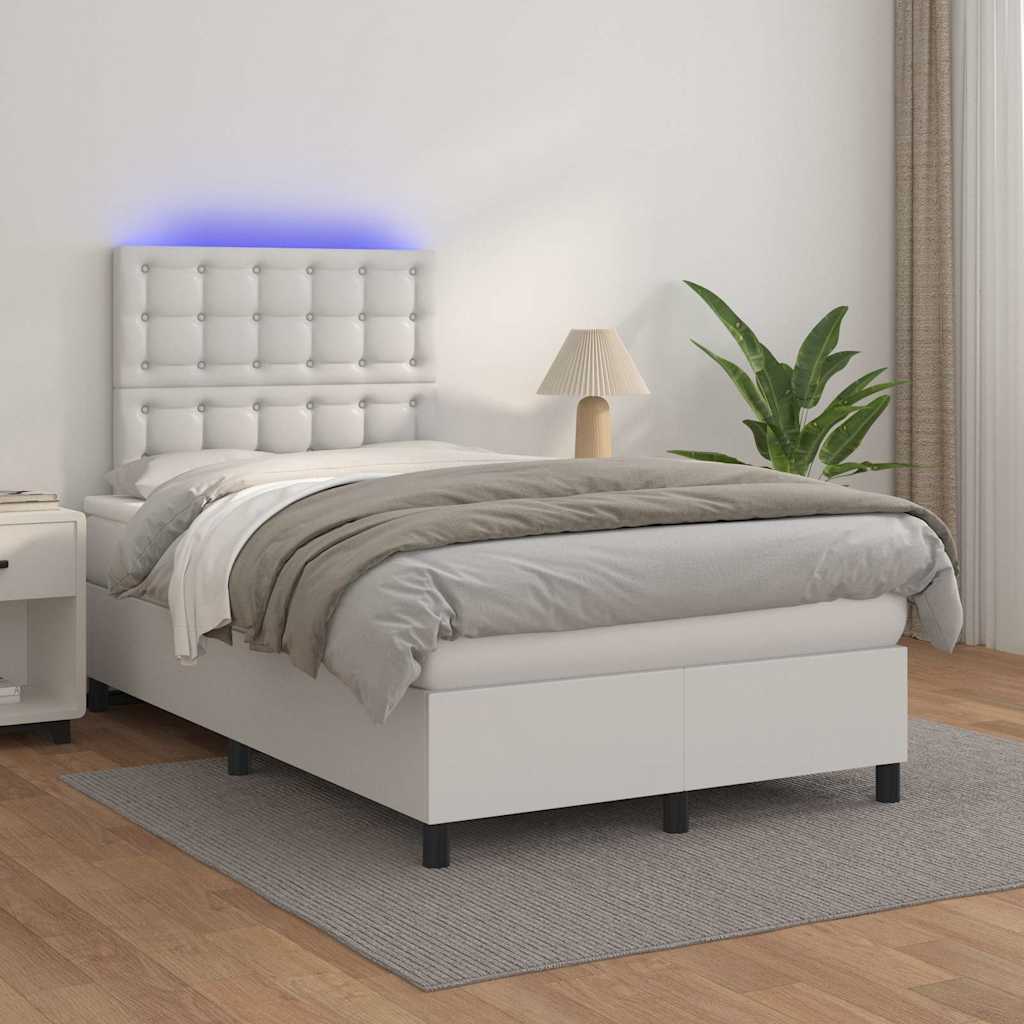 vidaXL Łóżko kontynentalne z materacem i LED, białe, 120x190 cm