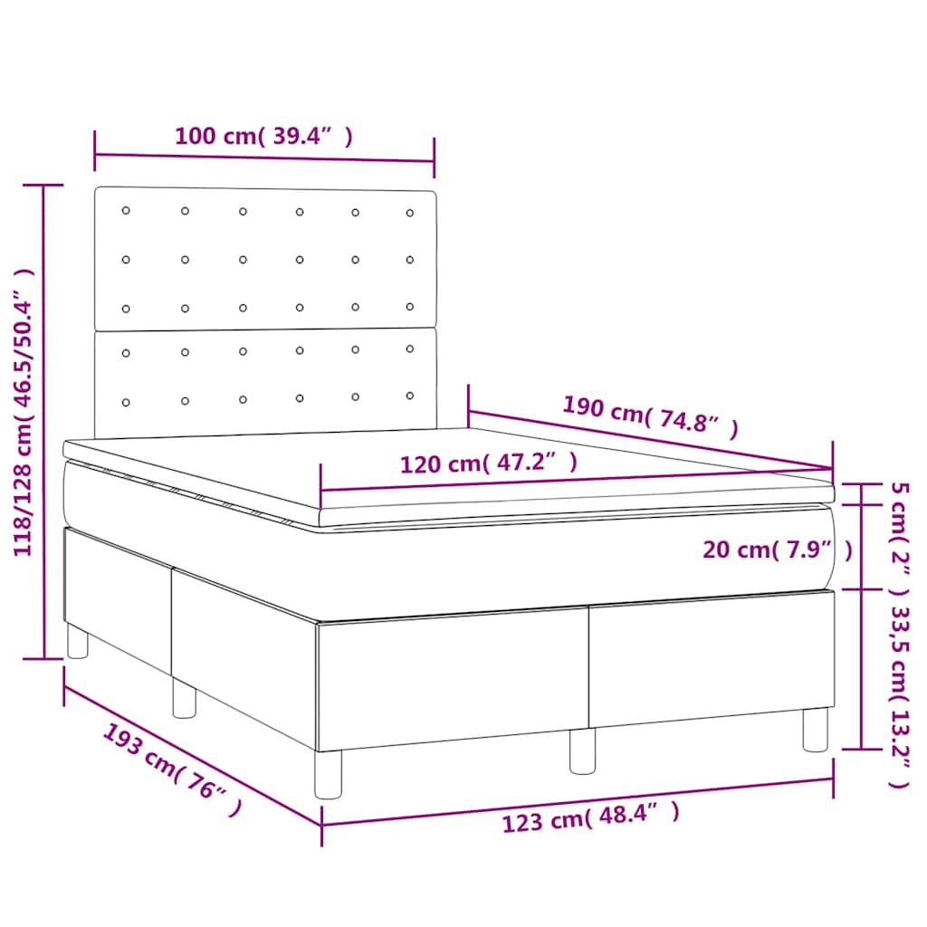 vidaXL Łóżko kontynentalne z materacem i LED, szare, 120x190 cm